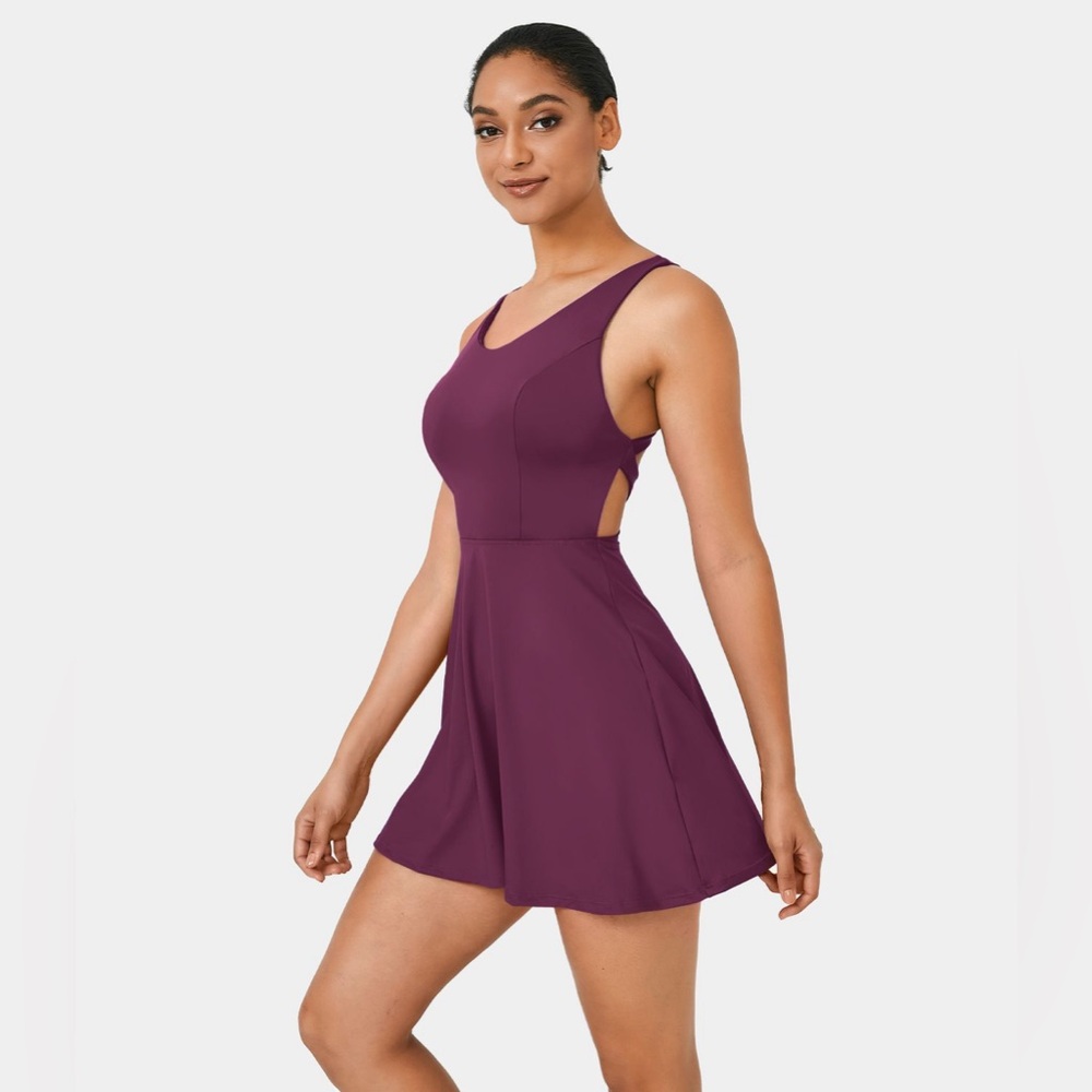 Crisscross Backless Flare 2-Piece Pocket Dance Active Dress Magenta Purp… - Picture 2 of 14